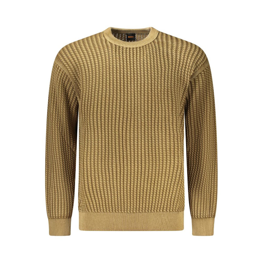 Brown Cotton Men SweaterElevate your wardrobe with the quintessential refinement of Hugo Boss. This sumptuous brown sweater, crafted from 100% plush cotton, is your ticket to effortless style. Its long sleeves, classic crew neck, and distinctive contrasti