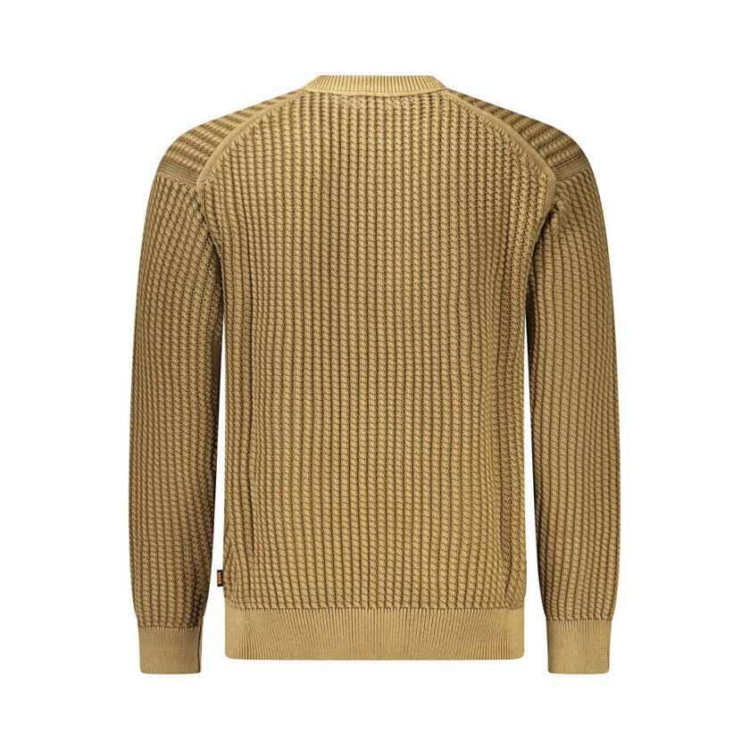 Brown Cotton Men SweaterElevate your wardrobe with the quintessential refinement of Hugo Boss. This sumptuous brown sweater, crafted from 100% plush cotton, is your ticket to effortless style. Its long sleeves, classic crew neck, and distinctive contrasti