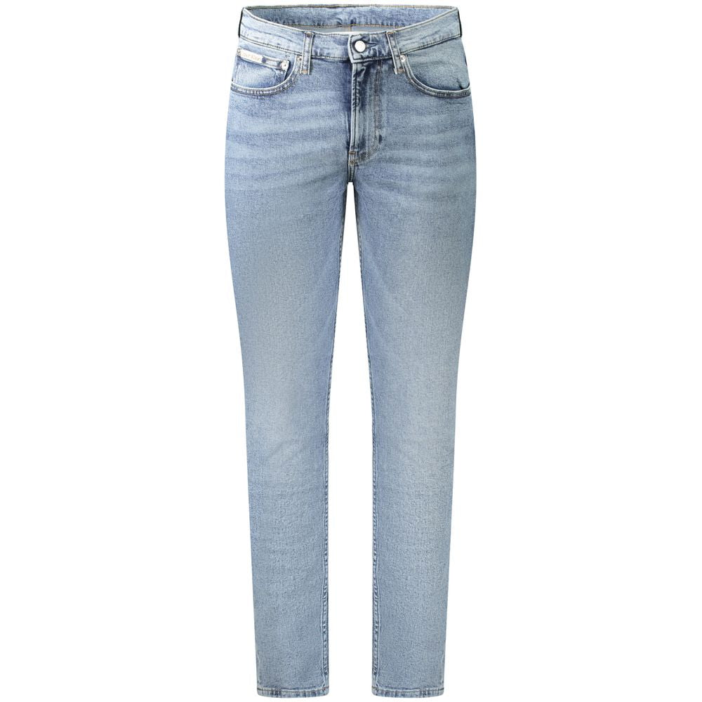 Blue Cotton Men JeansUnleash the epitome of modern sophistication with these Calvin Klein slim taper jeans. Crafted to fit like a dream, they exhibit a touch of rebellion with a washed effect, while embodying designer perfection down to the signature logo