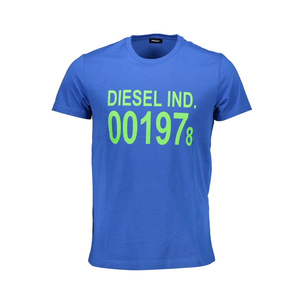 Blue Cotton Men T-ShirtStep into the urban jungle with the Diesel signature edge. This short sleeve t-shirt is far from basic, featuring a daring print that demands attention and a bold logo that speaks to the confident spirit of the Diesel man. Crafted f