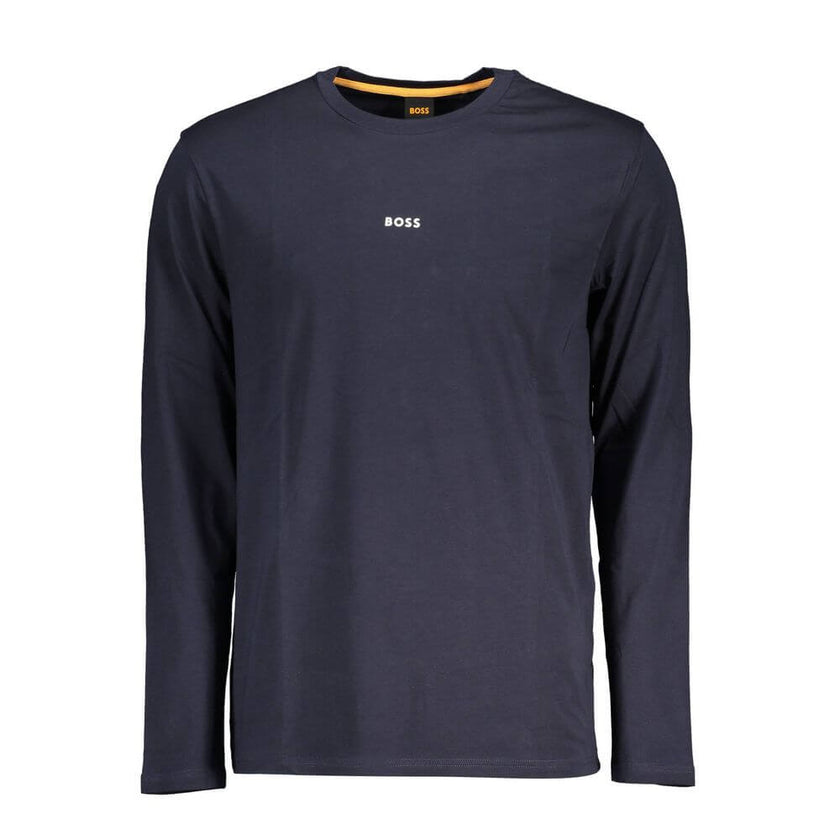 Blue Cotton Men T-ShirtElevate your wardrobe with the epitome of sophistication—this Hugo Boss long sleeve T-shirt. Tailored to perfection for the modern trendsetter, it features a sleek crew neck and the iconic logo emblazoned with a standout application
