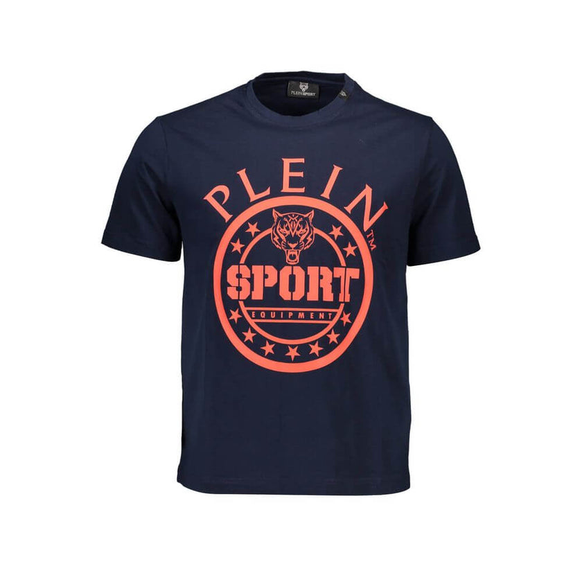 Blue Cotton Men T-ShirtElevate your casual ensemble with a touch of audacious flair in this Plein Sport T-shirt. Quintessential for the modern trendsetter, this short-sleeved tee is adorned with an eye-catching print paired with contrasting details that c