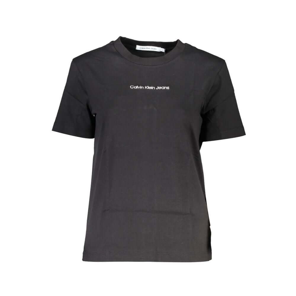 Black Cotton Women T-ShirtUnleash a wave of timeless style with Calvin Klein’s latest creation that epitomizes chic comfort. This short-sleeve T-shirt features a classic crew neck complemented by contrasting details that add a touch of edginess. Show off