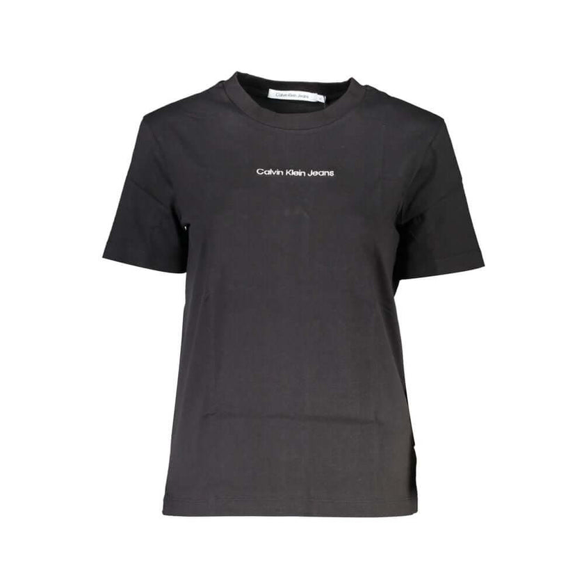 Black Cotton Women T-ShirtUnleash a wave of timeless style with Calvin Klein’s latest creation that epitomizes chic comfort. This short-sleeve T-shirt features a classic crew neck complemented by contrasting details that add a touch of edginess. Show off