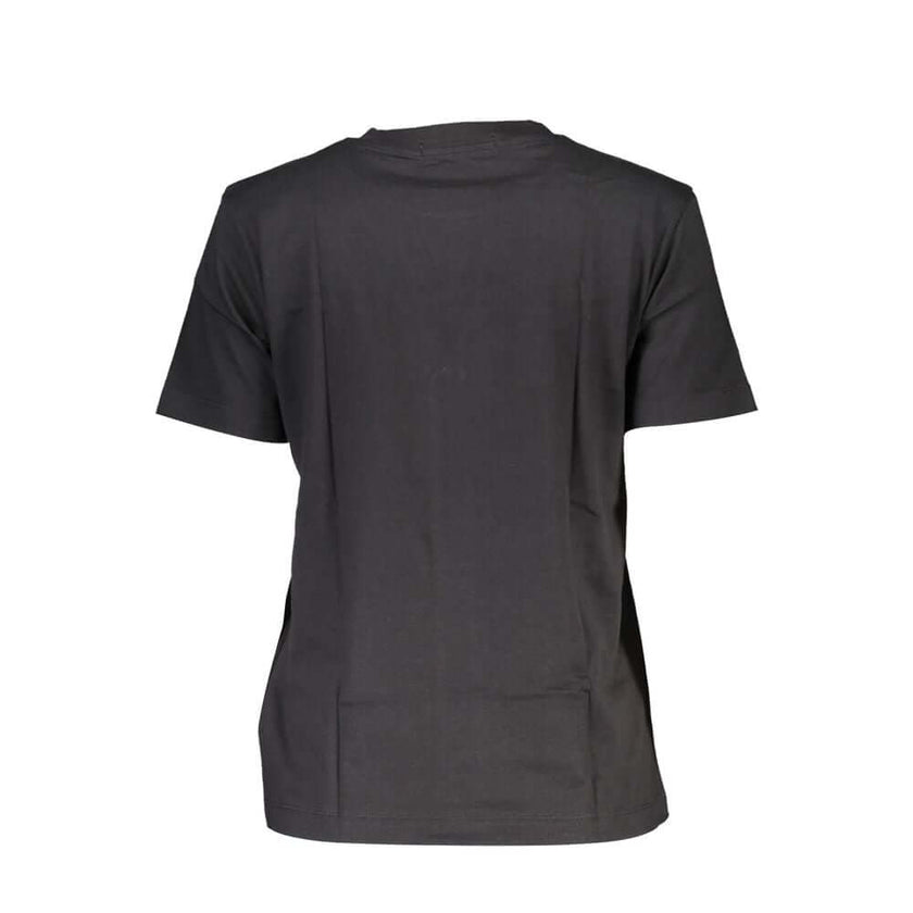 Black Cotton Women T-ShirtUnleash a wave of timeless style with Calvin Klein’s latest creation that epitomizes chic comfort. This short-sleeve T-shirt features a classic crew neck complemented by contrasting details that add a touch of edginess. Show off