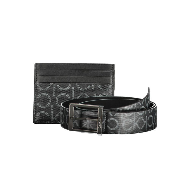 Black Polyethylene Mens WalletUnveil sophistication with this exclusive Calvin Klein duo. A sleek card holder paired with a metal buckle belt, measuring a precise 95cm in length, both items are highlighted by contrasting details that scream modernity. Ado