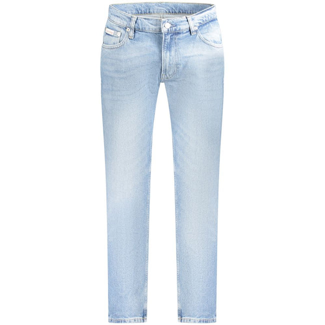 Blue Cotton Men JeansElevate your denim game with these effortlessly stylish Calvin Klein Dad Jeans, featuring a fashion-forward washed effect that exudes both comfort and trendsetting charm. With a classic five-pocket design, secure button and zip fasten