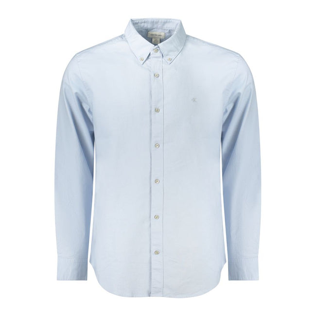 Light Blue Cotton Men ShirtElevate your wardrobe with the timeless sophistication of Calvin Klein. Tailored for a classic fit, this long sleeve shirt features a sharp button-down collar and adjustable 2-button cuffs. Detailed with exquisite embroidery and