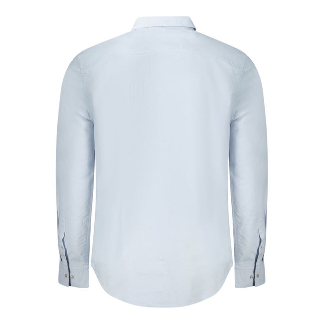 Light Blue Cotton Men ShirtElevate your wardrobe with the timeless sophistication of Calvin Klein. Tailored for a classic fit, this long sleeve shirt features a sharp button-down collar and adjustable 2-button cuffs. Detailed with exquisite embroidery and