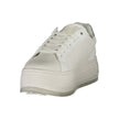 White Leather Women SneakerElevate your sneaker game with Calvin Klein’s eye-catching fusion of style and comfort. Designed for those with a penchant for the bold, these sneakers boast a sleek white profile accented with contrasting silver details that ca