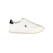 White Leather Men SneakerElevate your sneaker game with the sleek sophistication of Calvin Klein. These sports shoes meld function with fashion, featuring a sharp white backdrop punctuated by bold contrasting details in black. Designed for the dynamic man