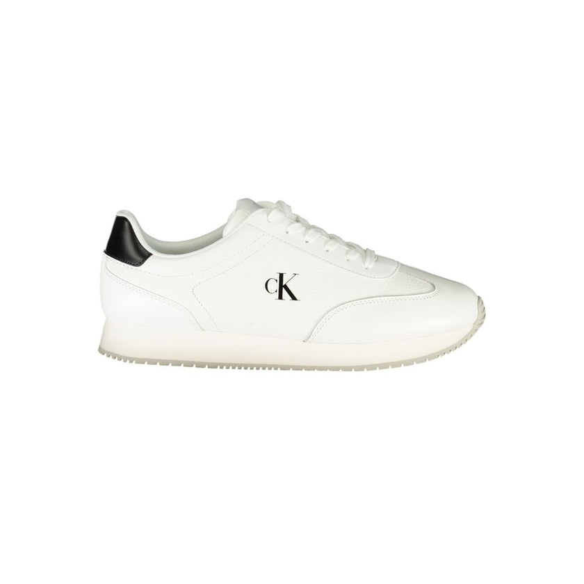 White Leather Men SneakerElevate your sneaker game with the sleek sophistication of Calvin Klein. These sports shoes meld function with fashion, featuring a sharp white backdrop punctuated by bold contrasting details in black. Designed for the dynamic man