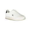 White Leather Men SneakerElevate your sneaker game with the sleek sophistication of Calvin Klein. These sports shoes meld function with fashion, featuring a sharp white backdrop punctuated by bold contrasting details in black. Designed for the dynamic man