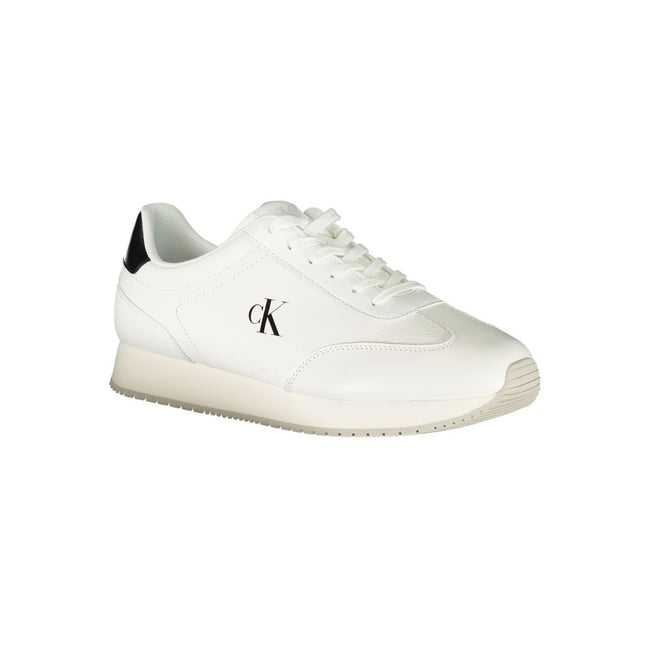 White Leather Men SneakerElevate your sneaker game with the sleek sophistication of Calvin Klein. These sports shoes meld function with fashion, featuring a sharp white backdrop punctuated by bold contrasting details in black. Designed for the dynamic man