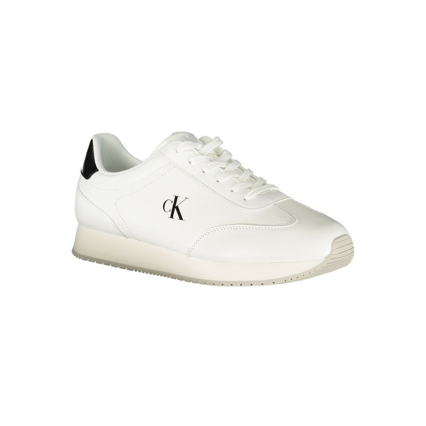 White Leather Men SneakerElevate your sneaker game with the sleek sophistication of Calvin Klein. These sports shoes meld function with fashion, featuring a sharp white backdrop punctuated by bold contrasting details in black. Designed for the dynamic man