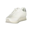 White Leather Men SneakerElevate your sneaker game with the sleek sophistication of Calvin Klein. These sports shoes meld function with fashion, featuring a sharp white backdrop punctuated by bold contrasting details in black. Designed for the dynamic man