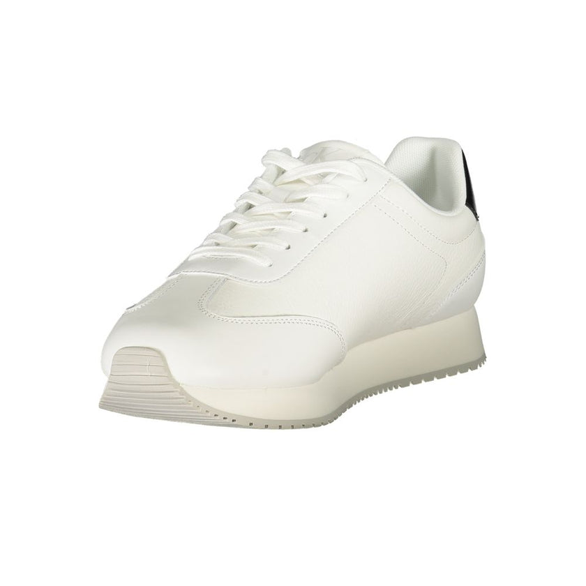 White Leather Men SneakerElevate your sneaker game with the sleek sophistication of Calvin Klein. These sports shoes meld function with fashion, featuring a sharp white backdrop punctuated by bold contrasting details in black. Designed for the dynamic man