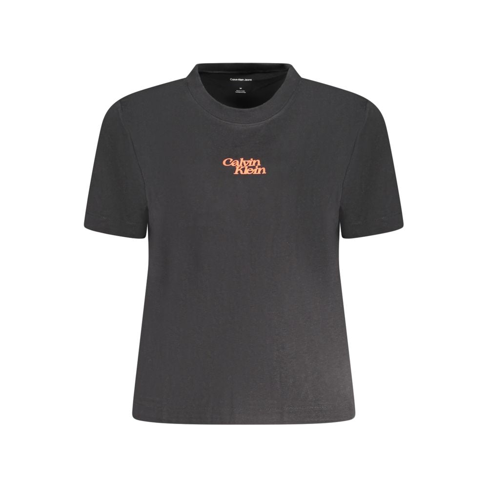 Black Cotton Women T-ShirtMake a powerful statement with Calvin Klein’s sleek black T-shirt. This essential piece simplifies luxury with its crisp crew neck and standout logo, providing an effortlessly cool addition to your wardrobe. Crafted from pure cot