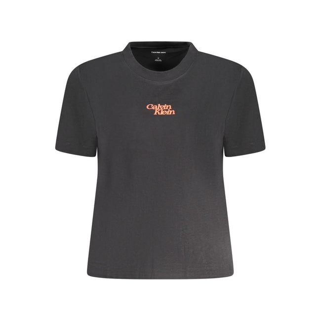 Black Cotton Women T-ShirtMake a powerful statement with Calvin Klein’s sleek black T-shirt. This essential piece simplifies luxury with its crisp crew neck and standout logo, providing an effortlessly cool addition to your wardrobe. Crafted from pure cot