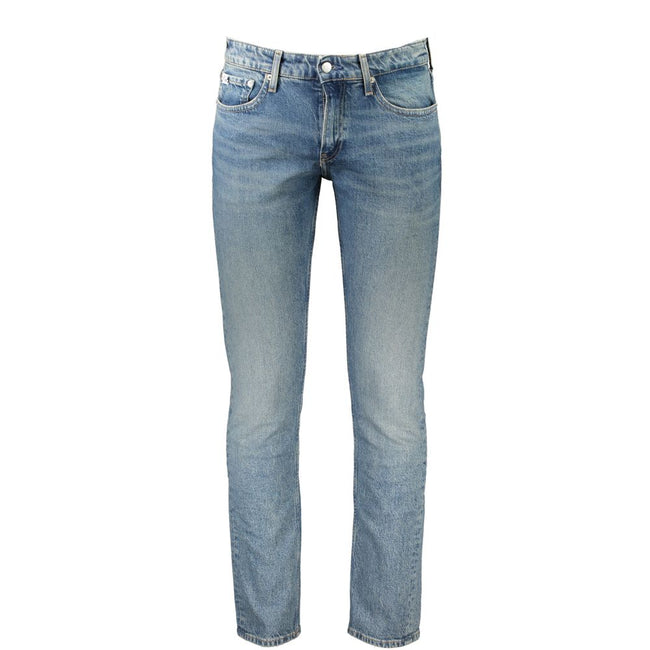 Blue Cotton Men JeansElevate your denim collection with these sleek Calvin Klein slim-fit jeans. Crafted with a nod to sustainability, featuring 20% recycled cotton, these jeans blend comfort with eco-conscious fashion. The classic blue hue, accented with