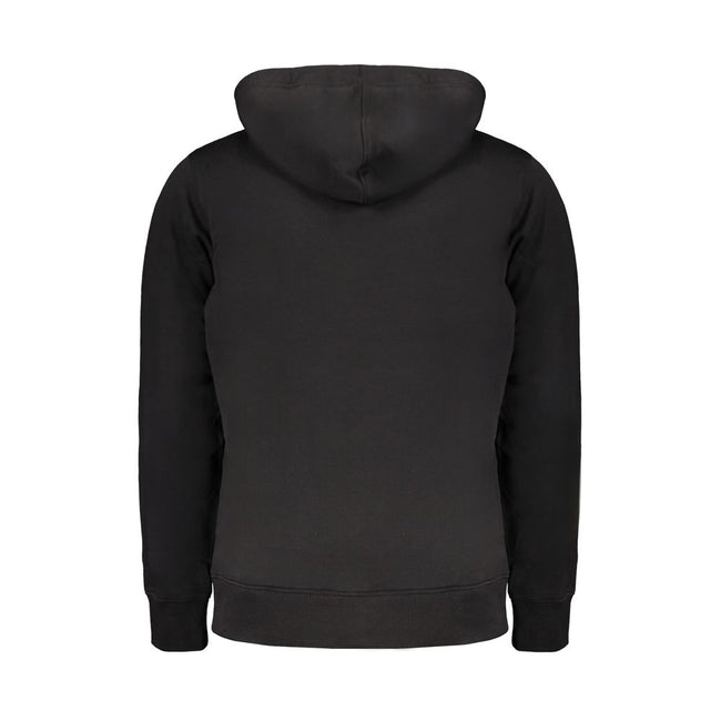 Black Cotton Men SweaterElevate your casual wardrobe with the sophisticated edge of Calvin Klein. This sleek black sweatshirt is expertly crafted with a blend of regenerative cotton and polyester, offering both comfort and durability. The classic design f