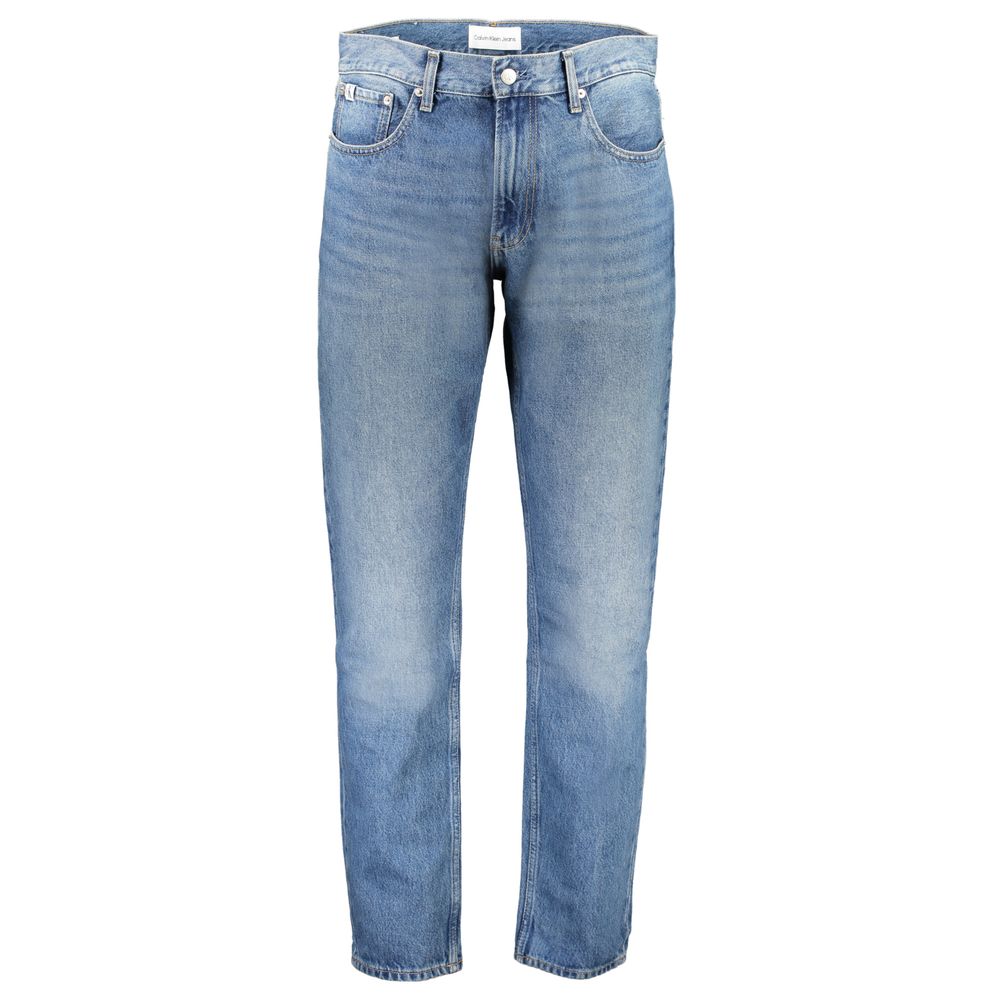 Blue Cotton Men JeansElevate your denim game with Calvin Klein’s AUTHENTIC STRAIGHT JEANS. Perfectly embodying the bold and trendy spirit, these jeans feature a stylish washed effect and classic 5-pocket design. Made with a commitment to sustainability, b