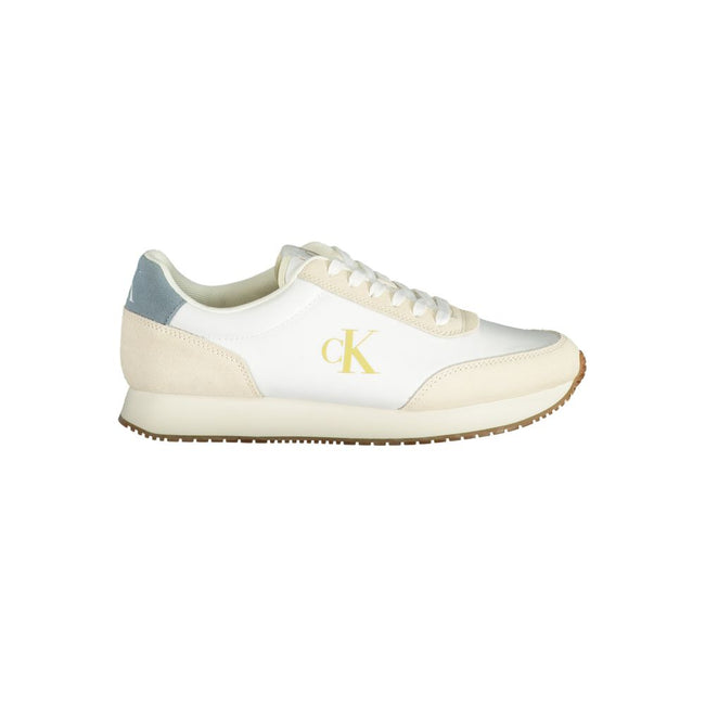 White Polyester Men SneakerStep into the world of high-fashion athleticism with these Calvin Klein sneakers. Perfectly balancing performance with panache, these shoes boast bold contrasting details in blue and beige, seamlessly complementing the crisp whi