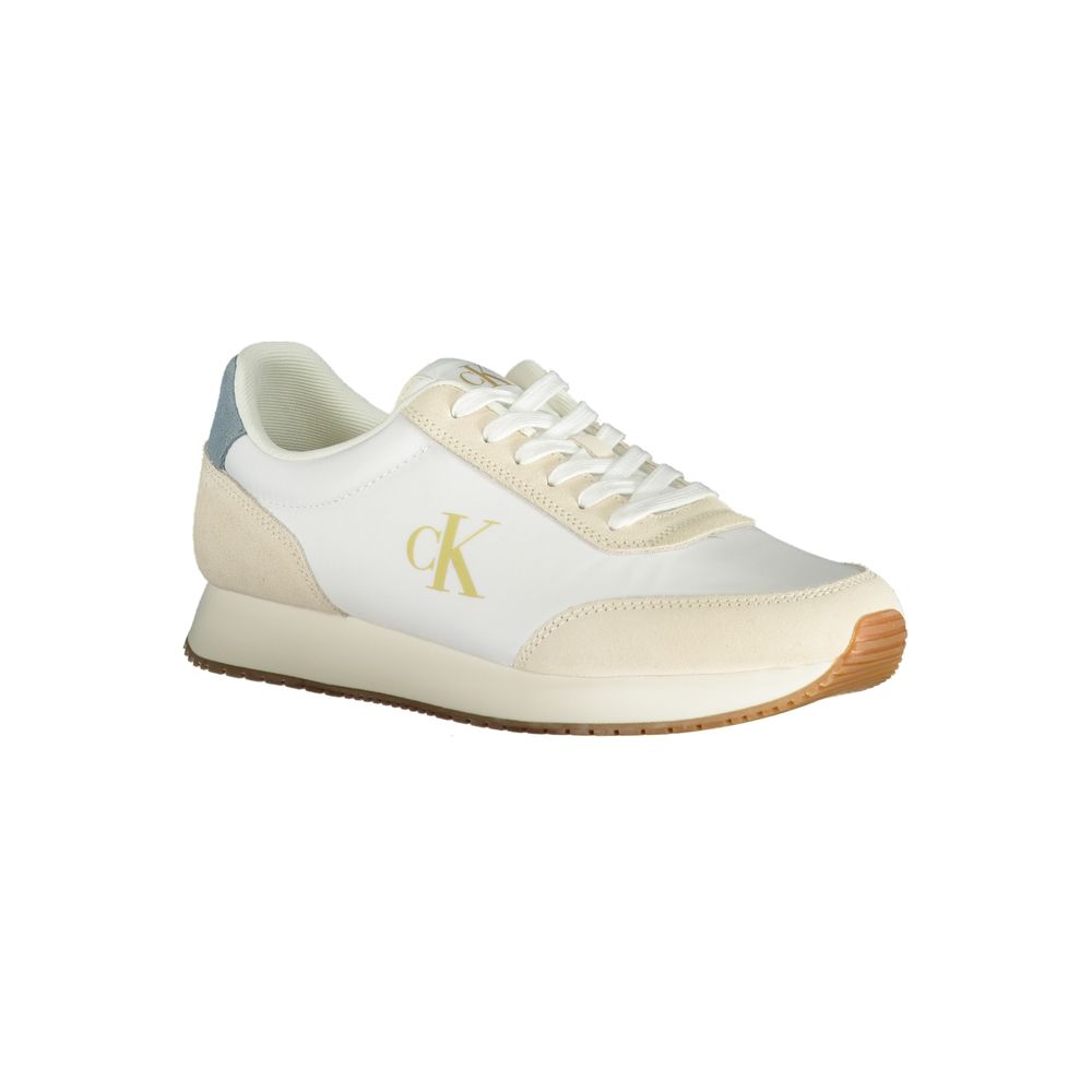 White Polyester Men SneakerStep into the world of high-fashion athleticism with these Calvin Klein sneakers. Perfectly balancing performance with panache, these shoes boast bold contrasting details in blue and beige, seamlessly complementing the crisp whi