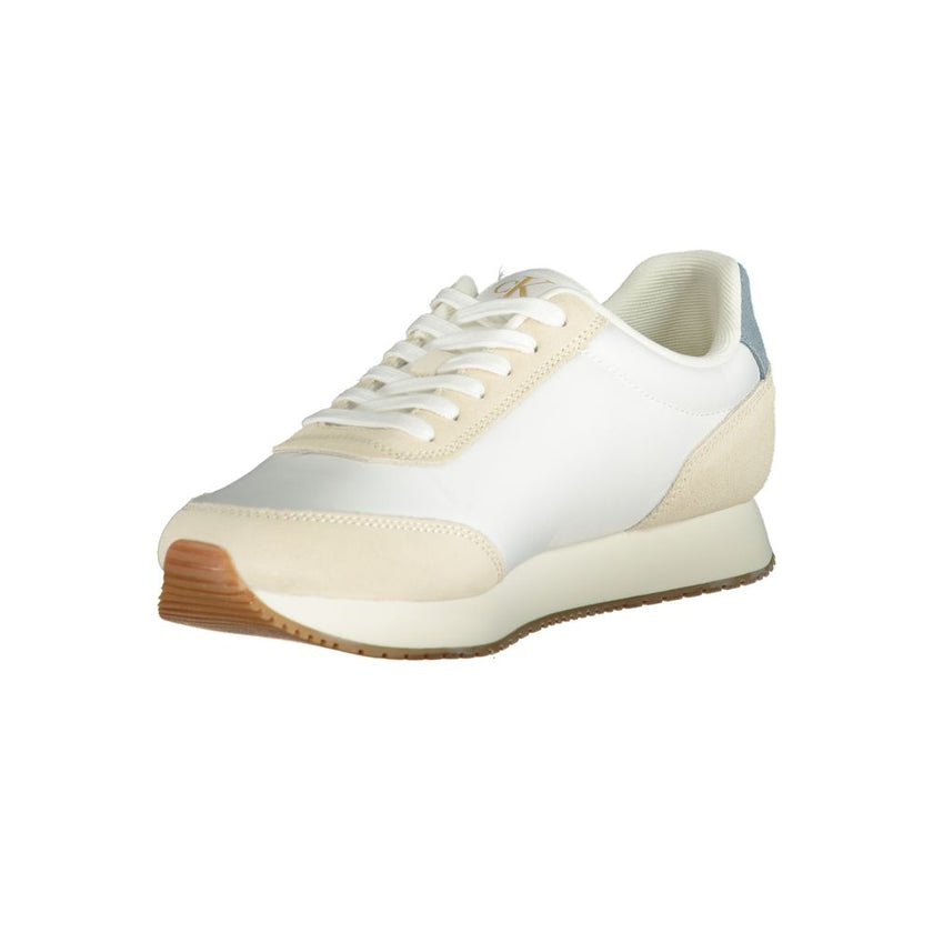 White Polyester Men SneakerStep into the world of high-fashion athleticism with these Calvin Klein sneakers. Perfectly balancing performance with panache, these shoes boast bold contrasting details in blue and beige, seamlessly complementing the crisp whi