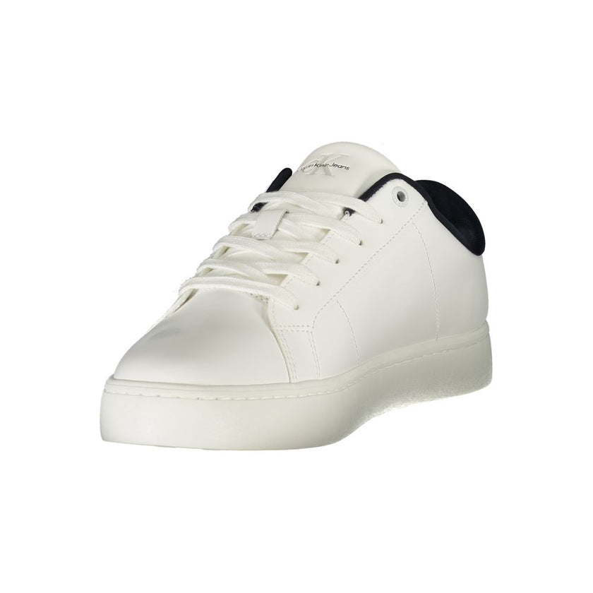 White Leather Men SneakerElevate your sneaker game with Calvin Klein’s striking sports shoe, seamlessly fusing function with high fashion. The crisp white silhouette, adorned with contrasting blue accents, embodies modern design while ensuring comfort thr