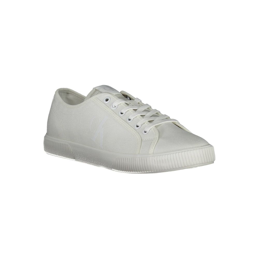 White Polyester Men SneakerDare to make a statement in these Calvin Klein sneakers, where classic design meets contemporary edge. Flaunting contrasting details and a bold logo, they embody the spirit of the modern urbanite. Crafted with a conscious mind,