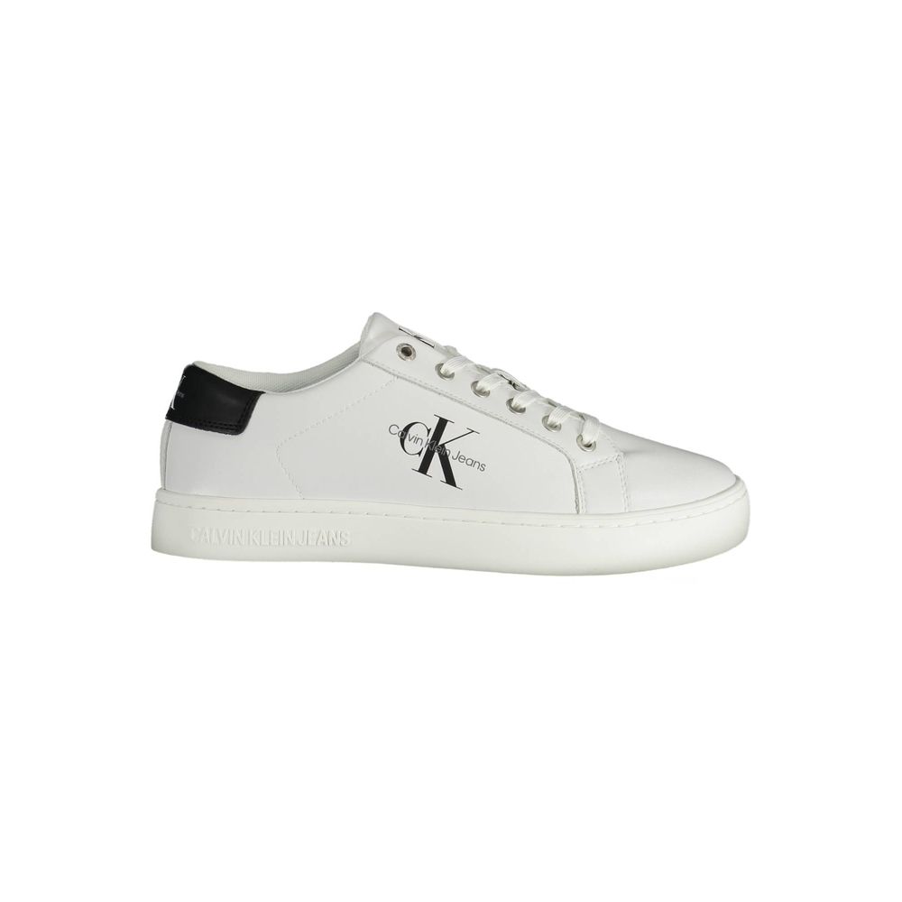White Recycled Polyester Men SneakerElevate your sneaker game with Calvin Klein’s latest fusion of style and sustainability. These lace-up sports shoes boast bold contrasting details and modern print, featuring the iconic Calvin Klein logo. Constructed fr