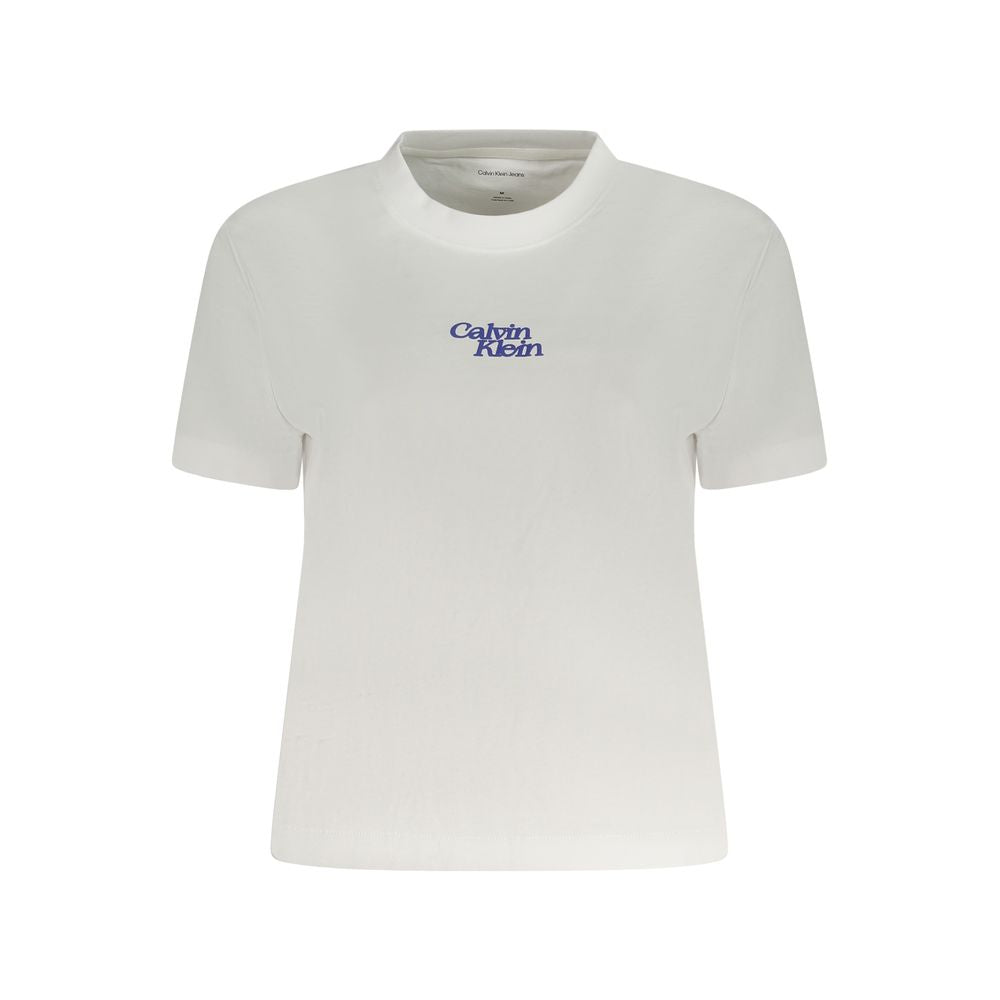 White Cotton Women T-ShirtEmbrace effortless sophistication with Calvin Klein’s pristine white T-shirt. Defined by its crisp crew neck and striking logo print, this short sleeve top marries casual charm with iconic brand identity. Tailored from premium co