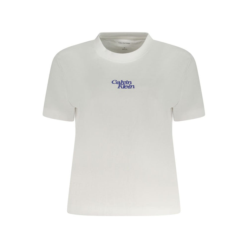 White Cotton Women T-ShirtEmbrace effortless sophistication with Calvin Klein’s pristine white T-shirt. Defined by its crisp crew neck and striking logo print, this short sleeve top marries casual charm with iconic brand identity. Tailored from premium co
