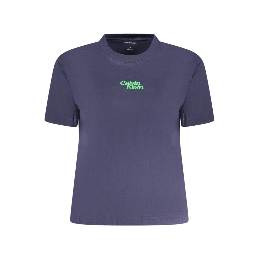 Blue Cotton Women T-ShirtElevate your everyday style with this chic Calvin Klein short sleeve T-shirt. Boasting a bold logo emblazoned across the front, it’s the perfect blend of comfort and high fashion. Crafted from premium cotton, this crew neck top ma