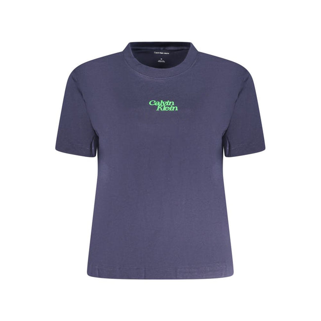 Blue Cotton Women T-ShirtElevate your everyday style with this chic Calvin Klein short sleeve T-shirt. Boasting a bold logo emblazoned across the front, it’s the perfect blend of comfort and high fashion. Crafted from premium cotton, this crew neck top ma