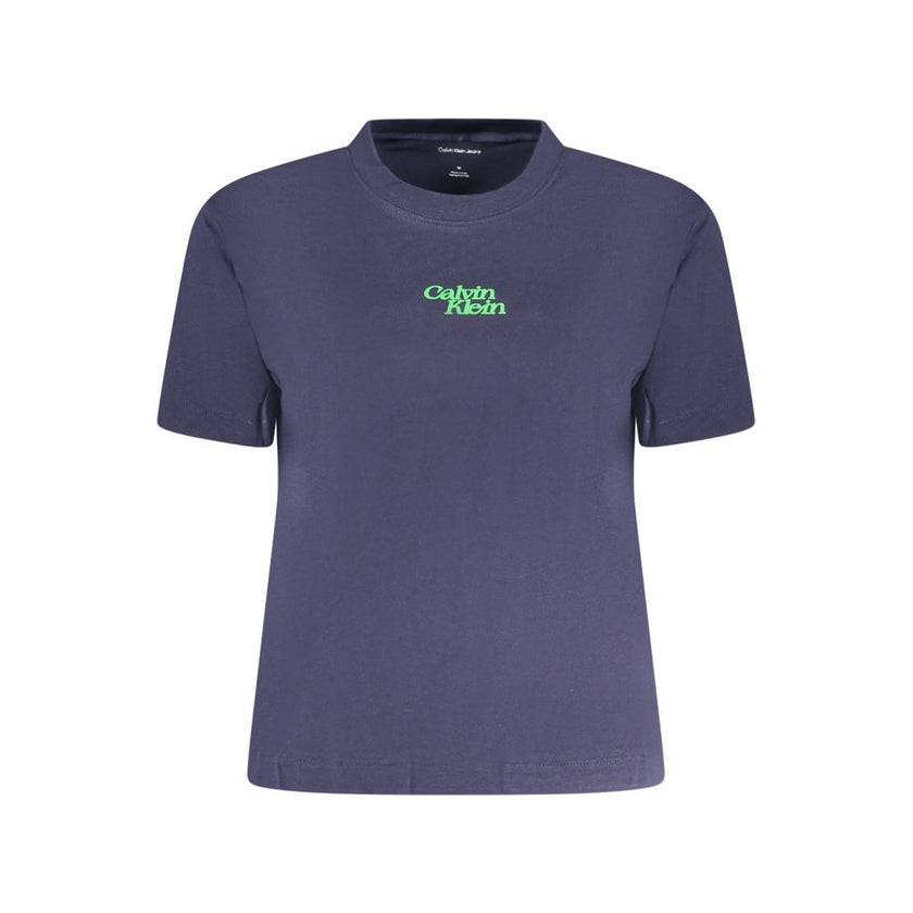 Blue Cotton Women T-ShirtElevate your everyday style with this chic Calvin Klein short sleeve T-shirt. Boasting a bold logo emblazoned across the front, it’s the perfect blend of comfort and high fashion. Crafted from premium cotton, this crew neck top ma