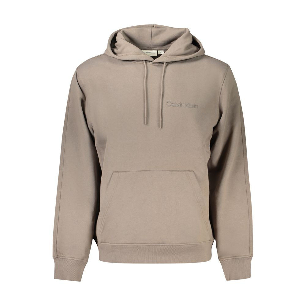 Brown Cotton Men SweaterWrap yourself in the epitome of comfort and style with this Calvin Klein hoodie. Crafted with 95% regenerative cotton, it speaks to your eco-conscious fashion sense. Its long sleeves, cozy hood, and central pocket provide both func