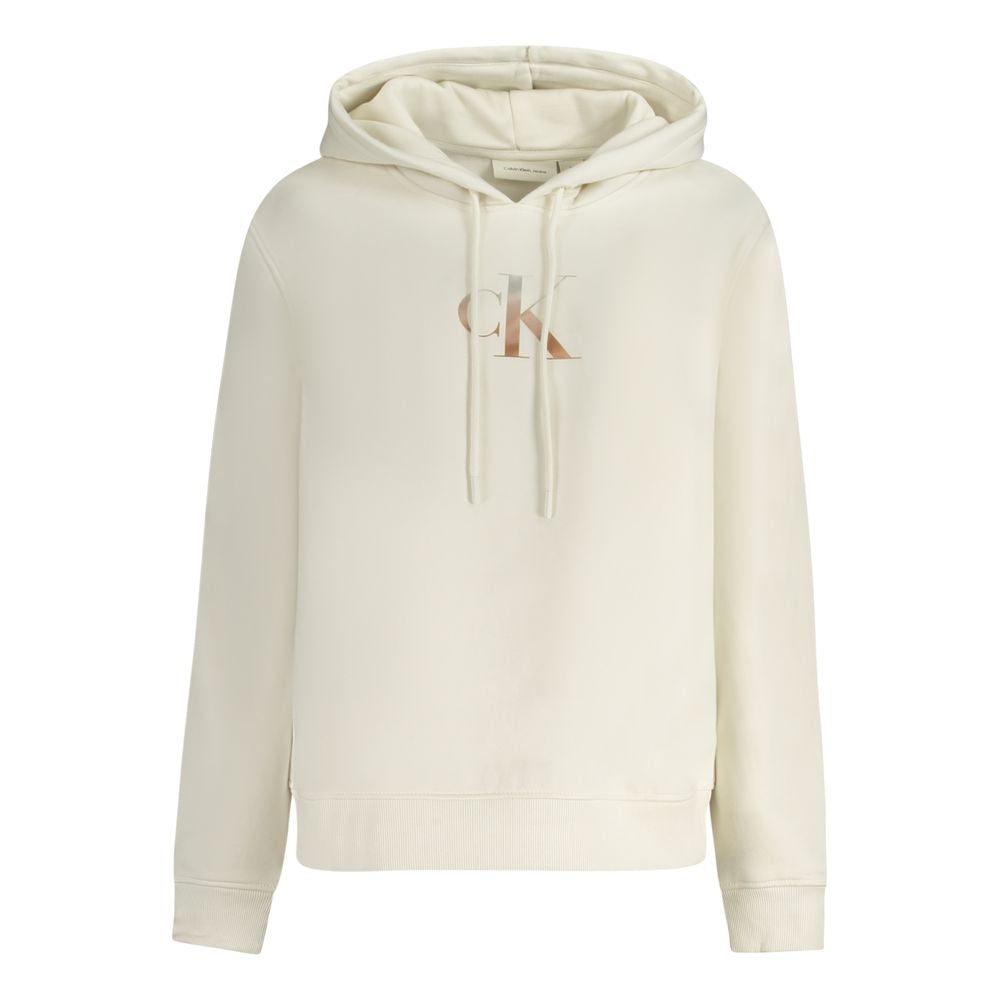 White Cotton Women SweaterMake a bold style statement with this iconic Calvin Klein hoodie. Classic yet contemporary, this white sweatshirt exudes casual elegance with its sleek print and unmistakable logo. Crafted from a soft blend of cotton and elastane