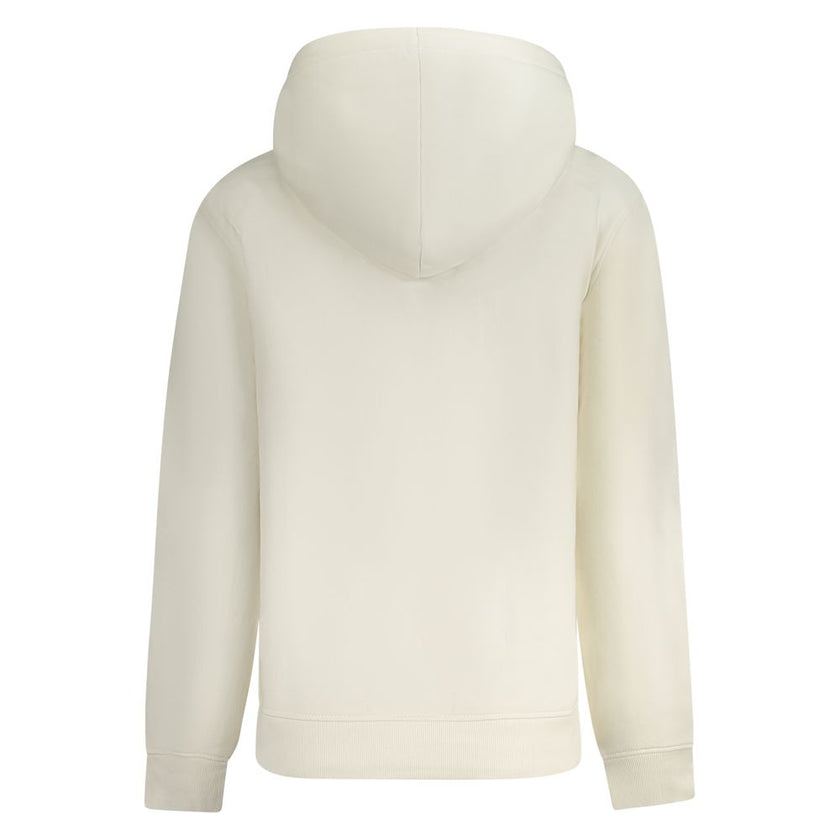 White Cotton Women SweaterMake a bold style statement with this iconic Calvin Klein hoodie. Classic yet contemporary, this white sweatshirt exudes casual elegance with its sleek print and unmistakable logo. Crafted from a soft blend of cotton and elastane