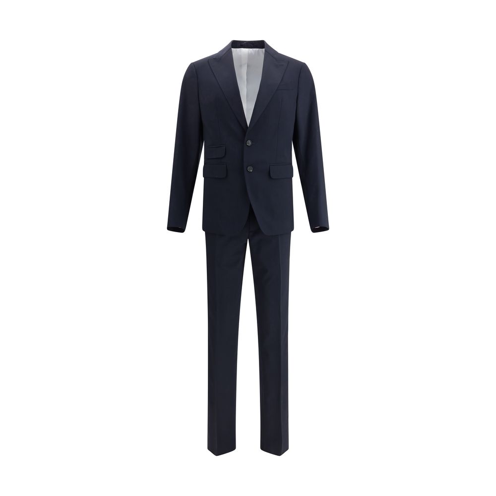 Black Fleece Wool Two-Piece SuitDsquared2 Virgin Wool London Suit, consisting of jacket and pants. Wool blazer jacket, front button closure, three welt pockets on the front with flap, one slit pocket on the front, peaked lapels. Classic wool pants, front