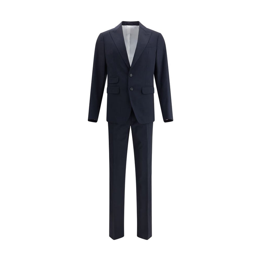 Black Fleece Wool Two-Piece SuitDsquared2 Virgin Wool London Suit, consisting of jacket and pants. Wool blazer jacket, front button closure, three welt pockets on the front with flap, one slit pocket on the front, peaked lapels. Classic wool pants, front
