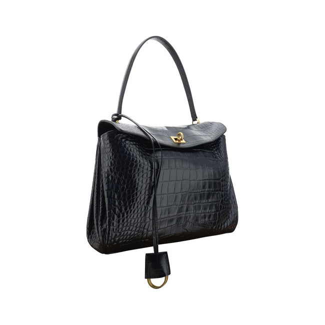 Black Calf Leather Bos Taurus HandbagLeather Medium Rodeo Handbag by Balenciaga, single removable top handle, charm with key ring detail applied at base of handle, dual compartment, flap closure with swivel system at front, crocodile-effect leather design