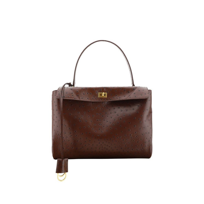 Brown Calf Leather Bos Taurus Shoulder BagRodeo Medium Shoulder Bag by Balenciaga, single top handle, hook-and-eye flap closure at front, adjustable and removable flat shoulder strap, ostrich-effect leather design. Season: AW25 Dimension: 35x35x10 Composi