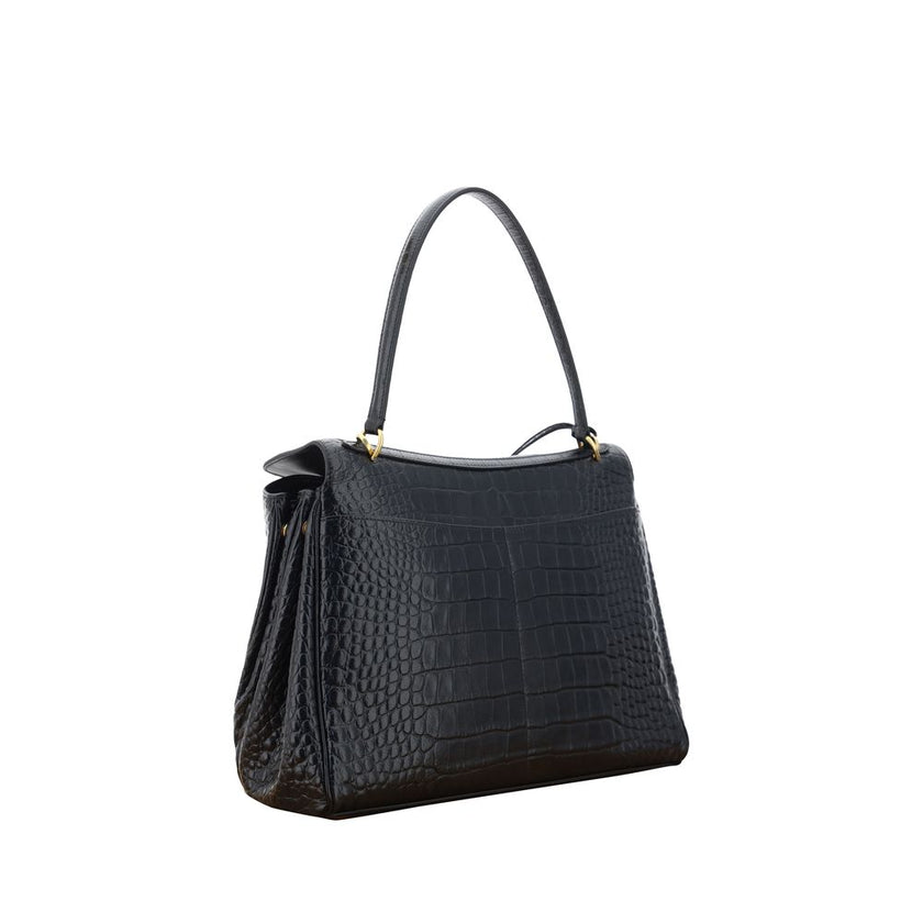 Black Calf Leather Bos Taurus HandbagLeather Medium Rodeo Handbag by Balenciaga, single removable top handle, charm with key ring detail applied at base of handle, dual compartment, flap closure with swivel system at front, crocodile-effect leather design