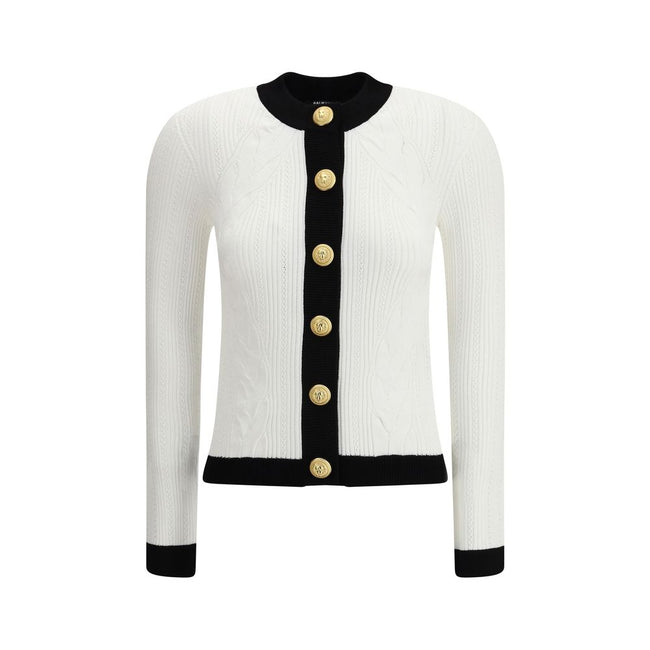 White Viscose CardiganBalmain’s Contrast Trim Cardigan features a ribbed and braided design enhanced by a silhouette-defining ribbed crew neck and hem. The front closure is embellished with embossed gold buttons, an iconic detail that adds a touch of luxu