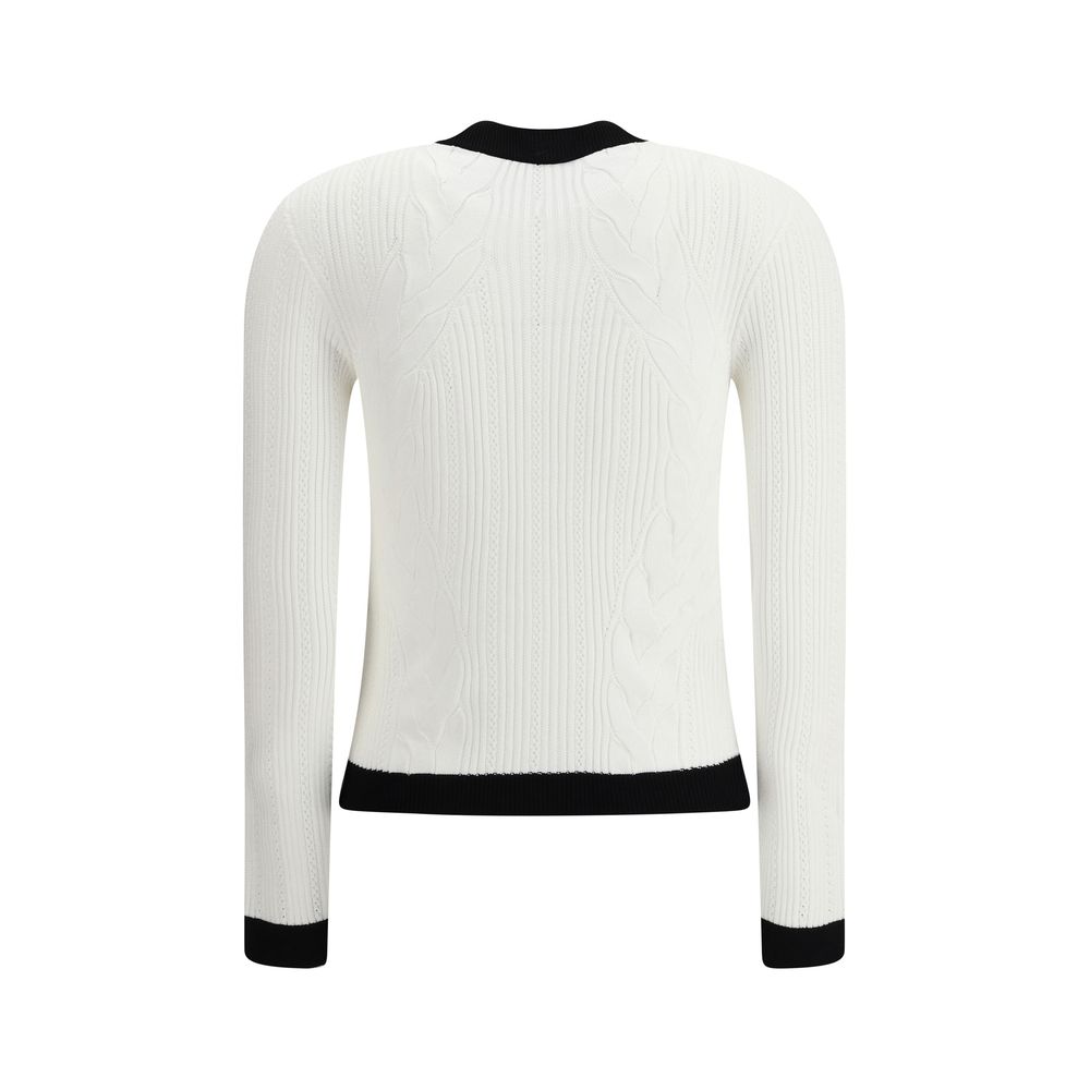 White Viscose CardiganBalmain’s Contrast Trim Cardigan features a ribbed and braided design enhanced by a silhouette-defining ribbed crew neck and hem. The front closure is embellished with embossed gold buttons, an iconic detail that adds a touch of luxu