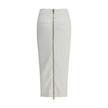 White Viscose Midi SkirtBalmain’s midi Skirt enhances the silhouette with a ribbed and twisted knit, giving structure and movement to the garment. On the front, the characteristic decorative 