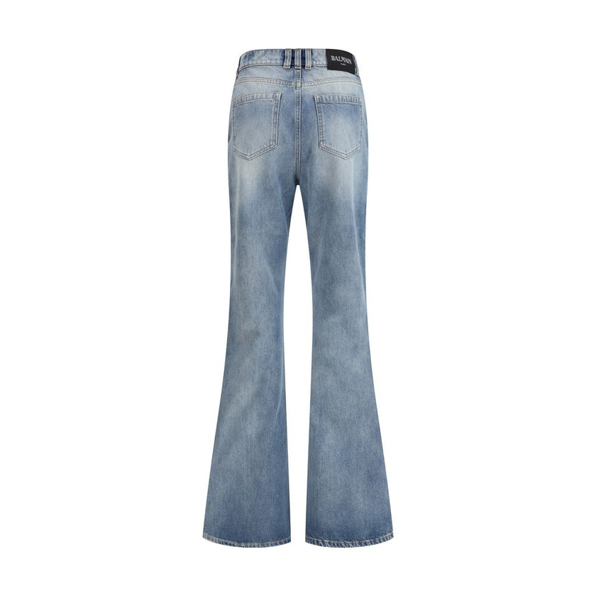 Blue Cotton Flared JeansBalmain’s Flare Jeans revisit a denim classic with iconic details and a sleek silhouette. The five-pocket style is enriched with a waistband with belt loops, including a distinctive triple loop at the back. The front closure is enh