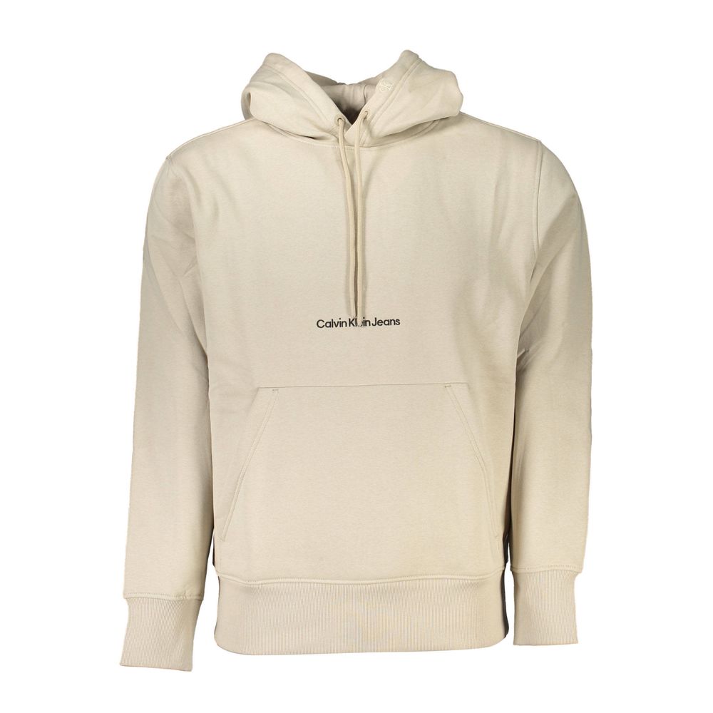 Beige Cotton Men SweaterElevate your wardrobe with the unmistakable flair of Calvin Klein. This beige long-sleeved sweatshirt is a perfect blend of comfort and style, featuring a cozy fleece interior and a handy central pocket for your essentials. Adorned